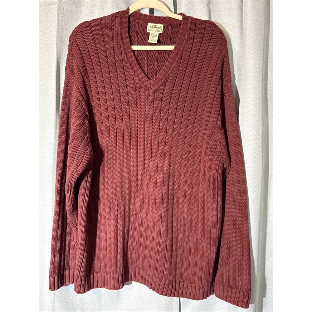 VTG 90s LL Bean Ribbed Cotton V-Neck Sweater Mens XL Rust